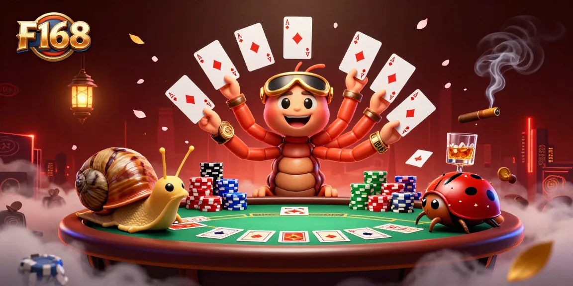 Experience exciting gameplay at F168 with a dynamic poker scene featuring a millipede dealer and energetic characters.