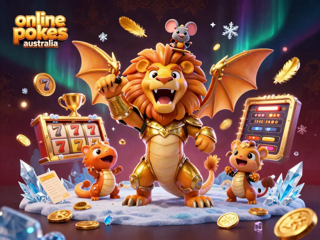 Experience the thrill of online pokies Australia with an adventurous chimera at a vibrant casino scene.