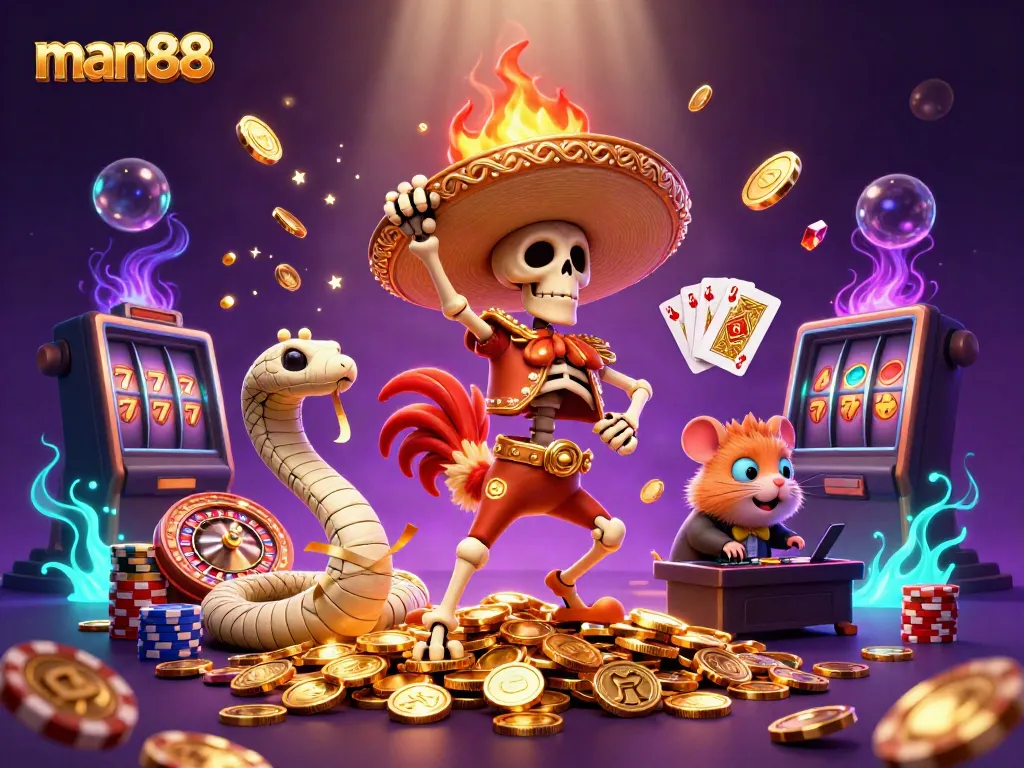 Experience casino action with man88's vibrant 3D illustration showcasing exciting characters and elements.