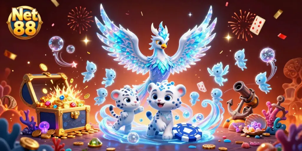 Experience exciting gameplay at Net 88 with vibrant ice phoenix, poker chip, and dancing sprites.