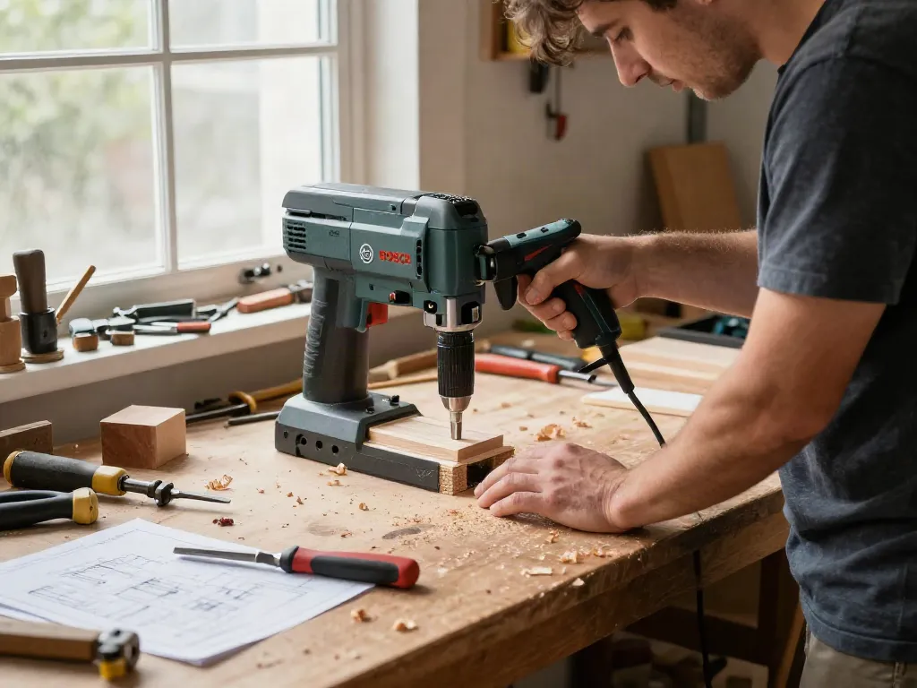Using a Bosch drill press for precision woodworking in a home workshop.
