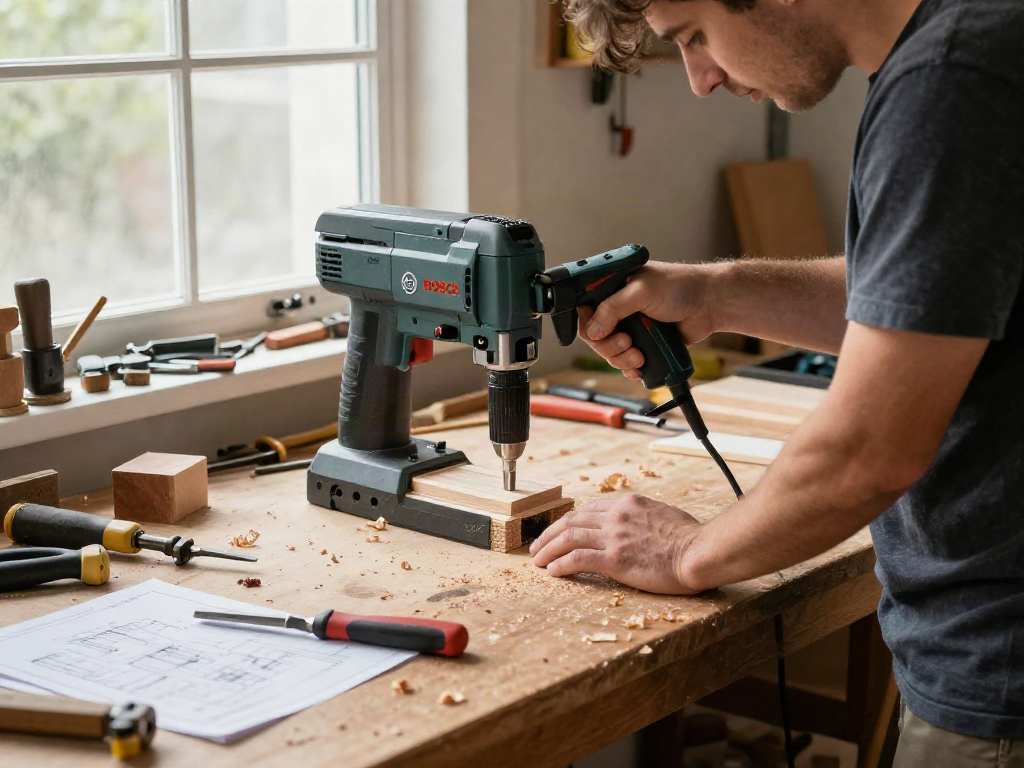 Using a Bosch drill press for precision woodworking in a home workshop.