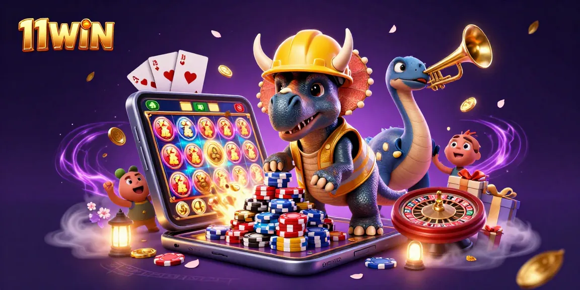 Elevate your gaming experience with 11WIN's vibrant casino scene featuring celebratory characters.