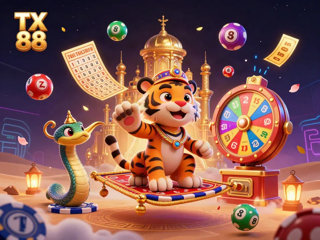 Experience the excitement of TX 88 in a dynamic casino scene with vibrant lottery balls and golden elements.
