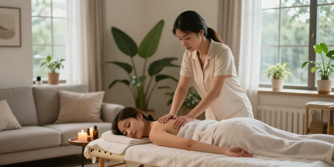 Relaxing 영등포출장마사지 session in a cozy home setting, with candles and soothing decor.