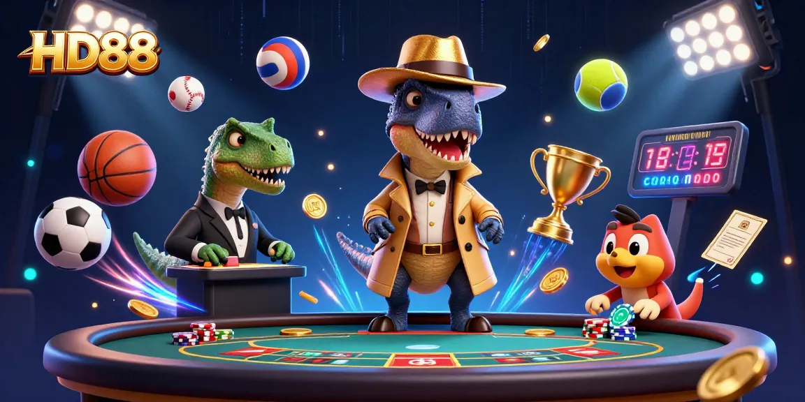 HD88 showcases a cartoon velociraptor at a blackjack table, dodging a suspicious pit boss amidst flying sports balls.