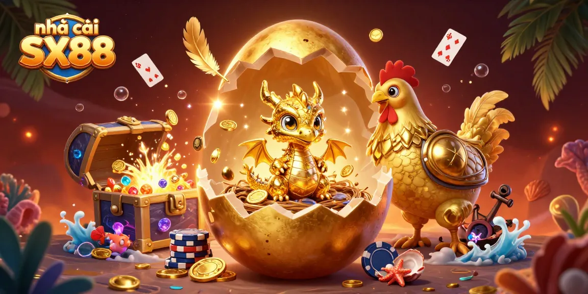 Experience the excitement of nhà cái SX88 with this dynamic 3D illustration featuring a golden dragon and poker chips.