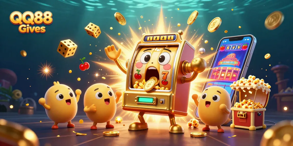 Experience thrilling wins with QQ88 Gives in this explosive casino scene featuring slot machines and golden treasures.