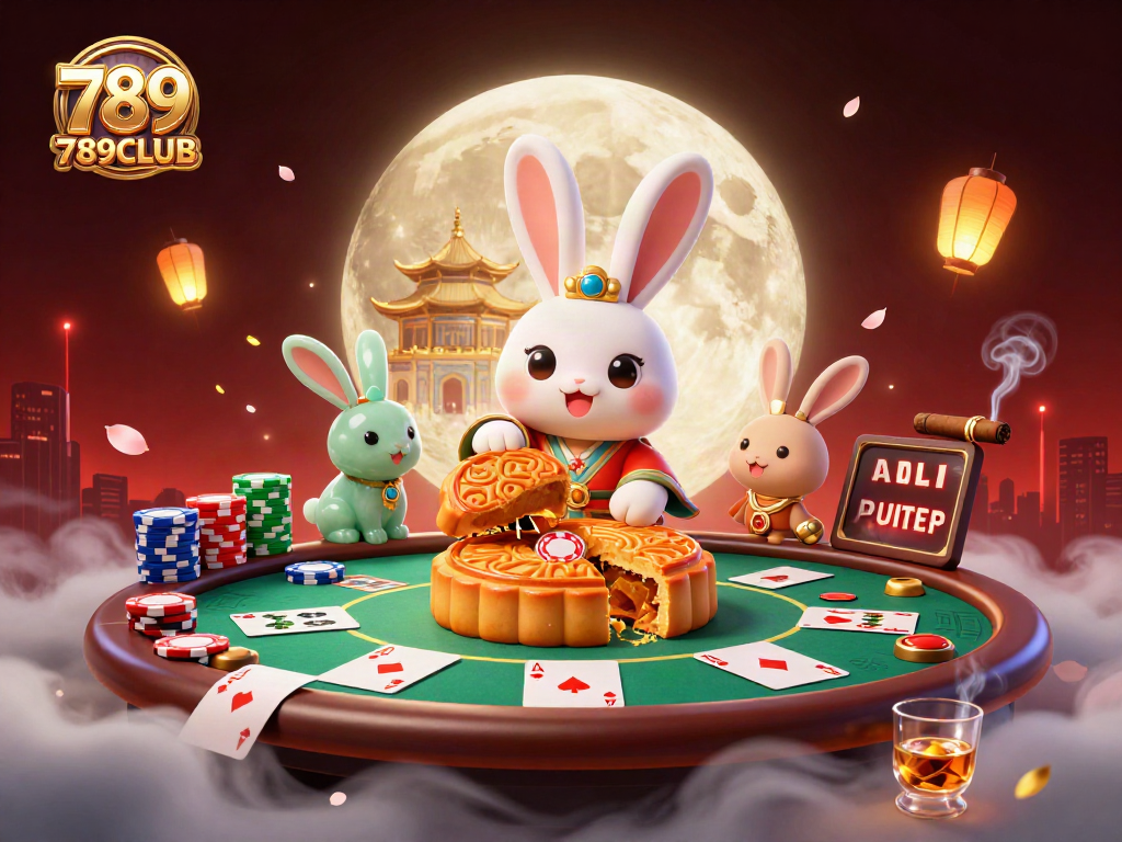 Engage in thrilling poker gameplay with 789CLUB’s vibrant lunar casino scene centered around moon rabbits.