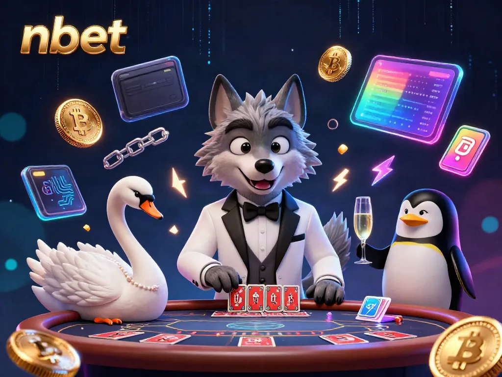 Experience thrilling gaming with nbet in a vibrant baccarat scene featuring a stylish wolf, elegant swan, and sommelier.