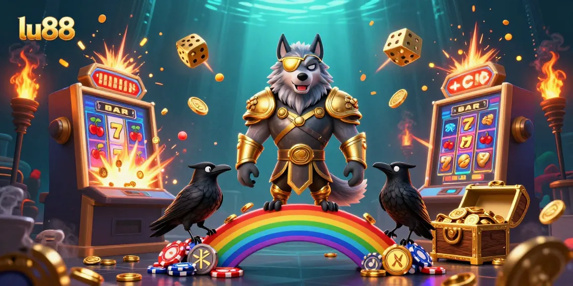 Experience thrilling gameplay with LU88, featuring Norse characters celebrating on a magical casino bridge.