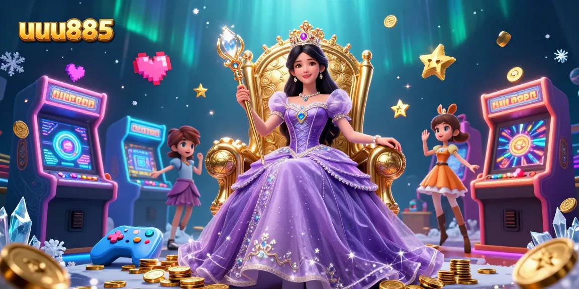 Experience the thrilling world of uuu885 with an enchanting casino princess amidst vibrant game elements.