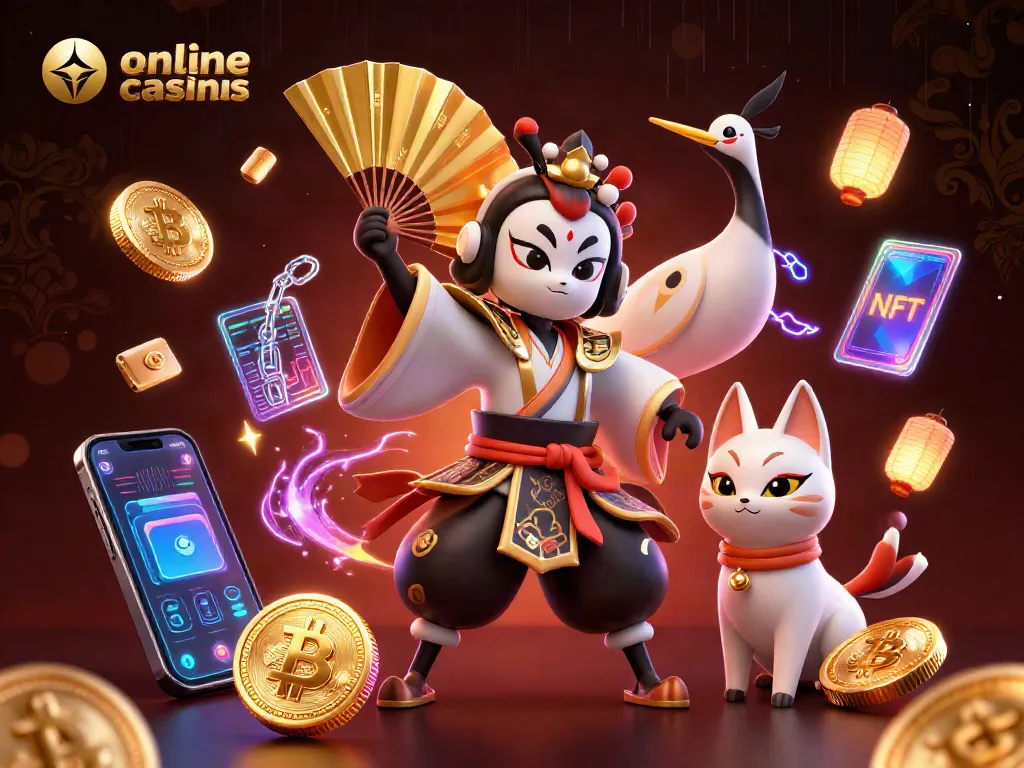 Engage in online casinos with a vibrant illustration of a kabuki warrior and symbolic gaming elements.