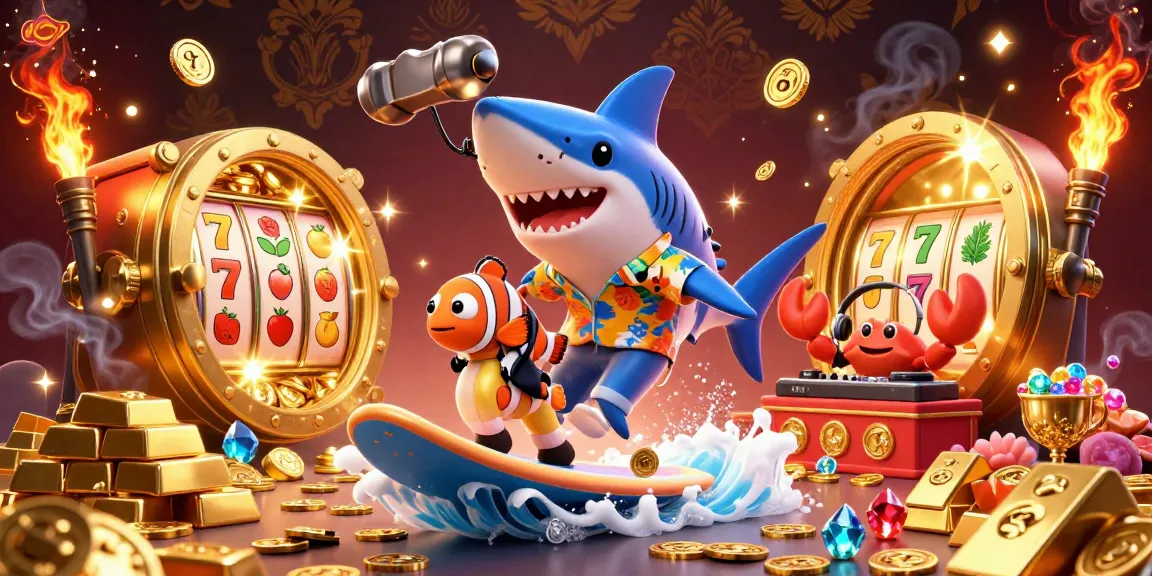 Engage with d-y at a virtual casino featuring a shark surfing on coins among slots and treasure.