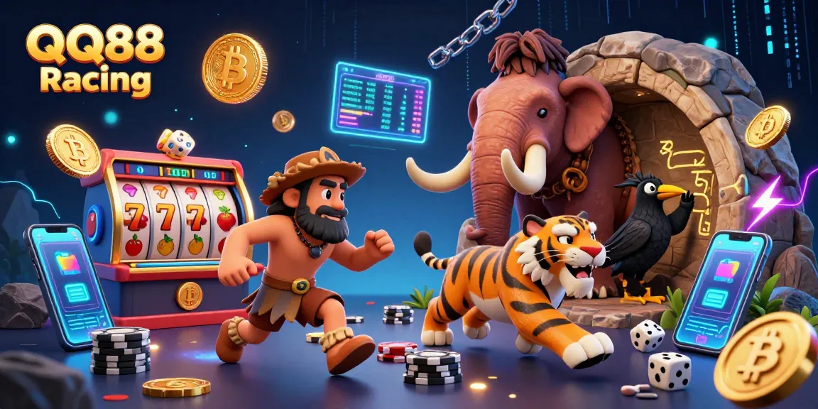 Experience thrilling gameplay at QQ88 Racing, a vibrant illustration of a prehistoric casino packed with gaming elements.