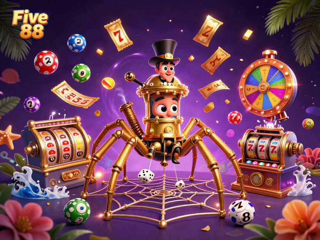 Engage in dynamic gameplay at Five 88 with colorful slot reels and vibrant gaming elements.