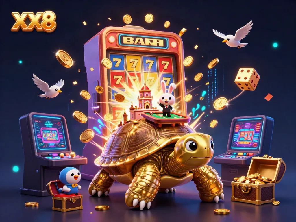 Engaging scene of the XX 8 casino theme with a golden tortoise and vibrant slot elements.