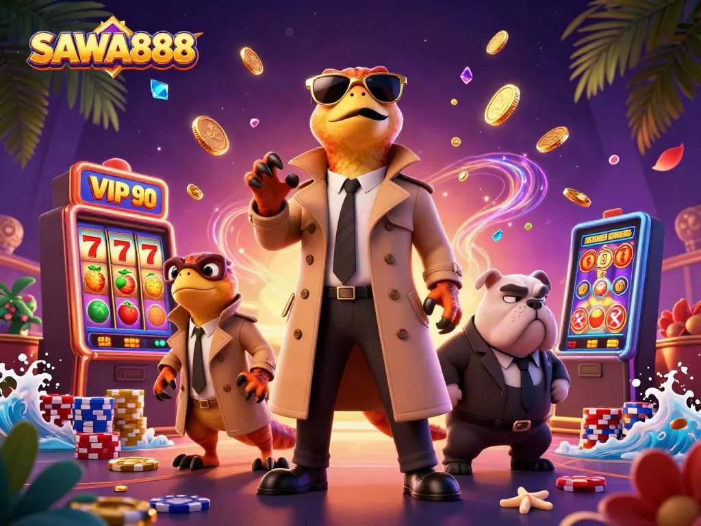 Spin to win with SAWA888 featuring three raptors in disguise at a lively casino.