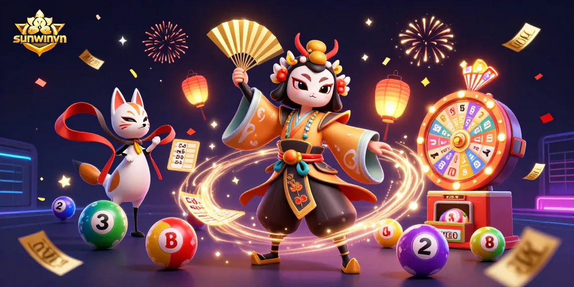 Engage with sunwinvn as colorful lottery balls and festive characters create excitement in this vibrant casino scene.