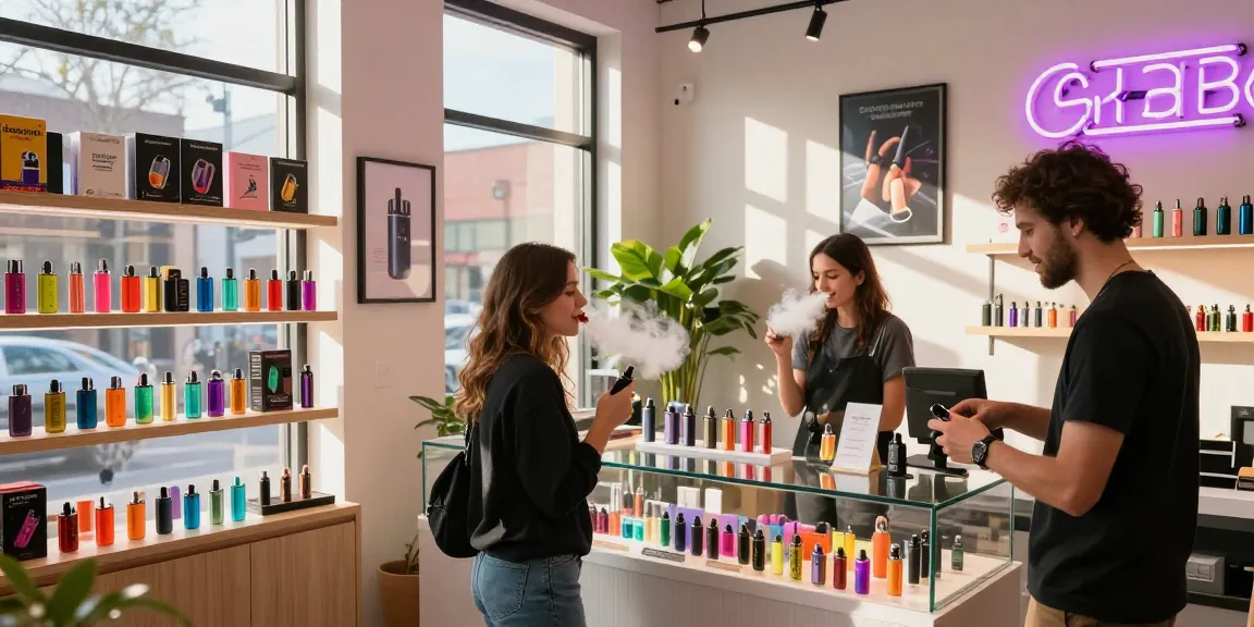 Browse the top disposable vapes shop in the USA, showcasing a variety of colorful vape products in a cozy urban setting.