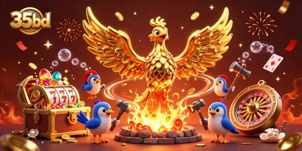 Experience thrilling casino adventures with 35bd's 3D golden phoenix and vibrant gaming elements.