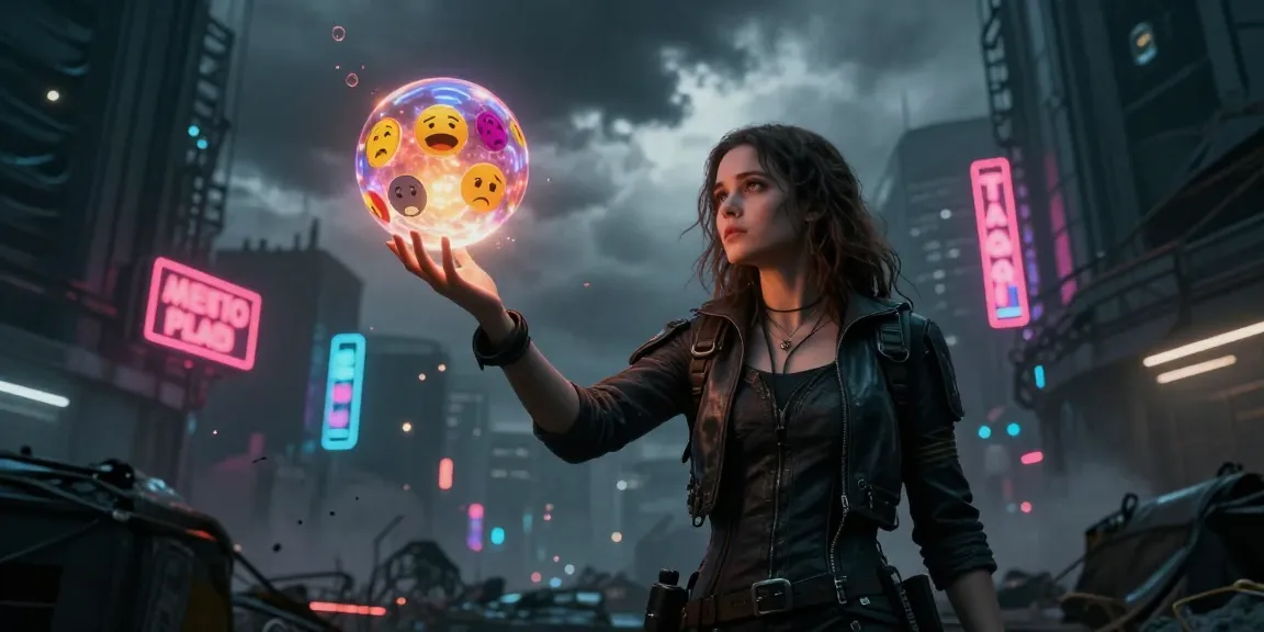 Emma reaching for emotions in a dystopian sci-fi novel setting.