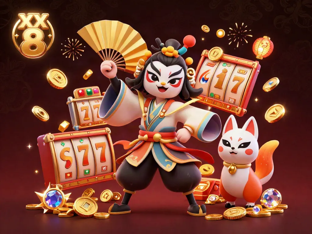Engage with XX 8's vibrant online casino offerings through this dynamic illustration featuring immersive slot elements and animated characters.