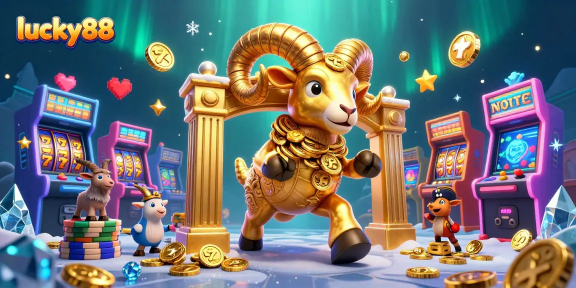 Engage with lucky88's vibrant casino scene featuring a golden ram amidst colorful slot reels and game elements.