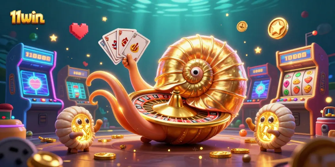 11WIN showcases vibrant 3D casino elements with a giant nautilus and glowing ammonites.