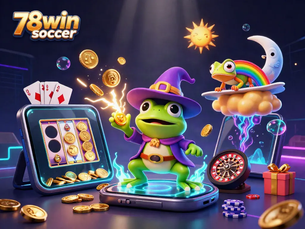 Experience exciting gameplay with 78win soccer, showcasing a 3D storm wizard and gold coins erupting.