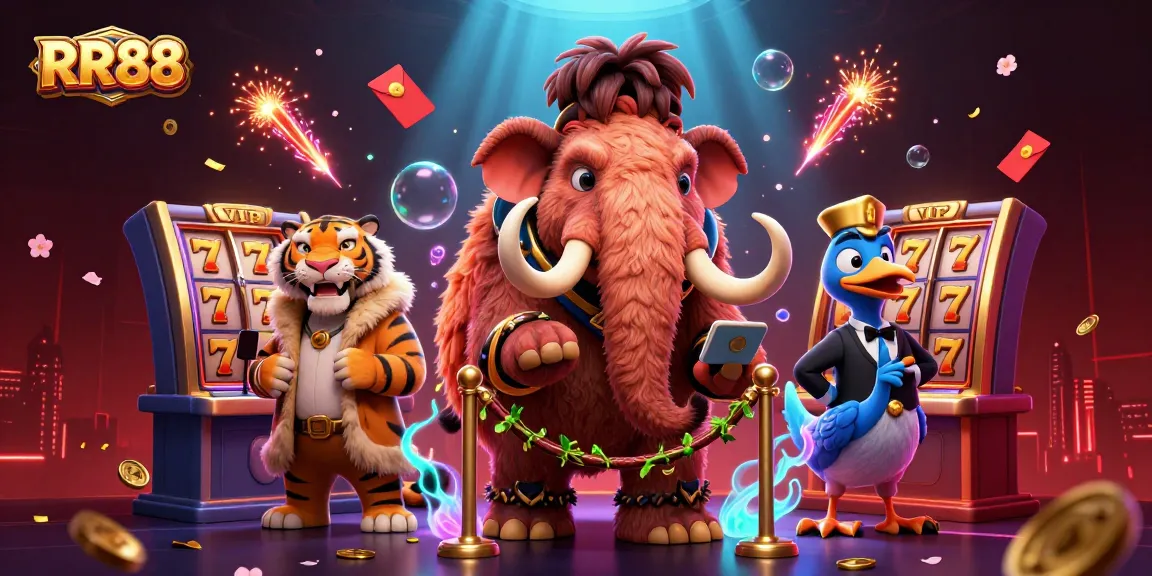 Experience the thrilling atmosphere at RR88 with vibrant casino characters and festive gambling elements.