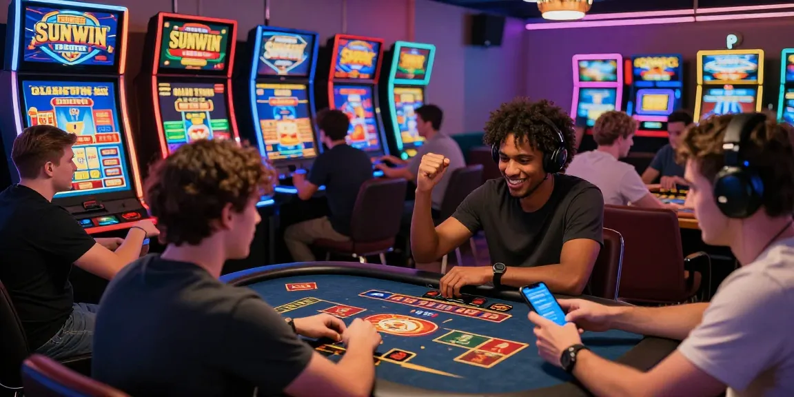 Sunwin gaming players celebrating wins and strategizing at a vibrant online casino.