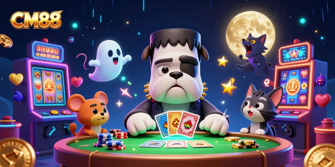 CM88 Slots scene with a Frankenstein bulldog and ghost mouse at a card table surrounded by colorful slot machines.