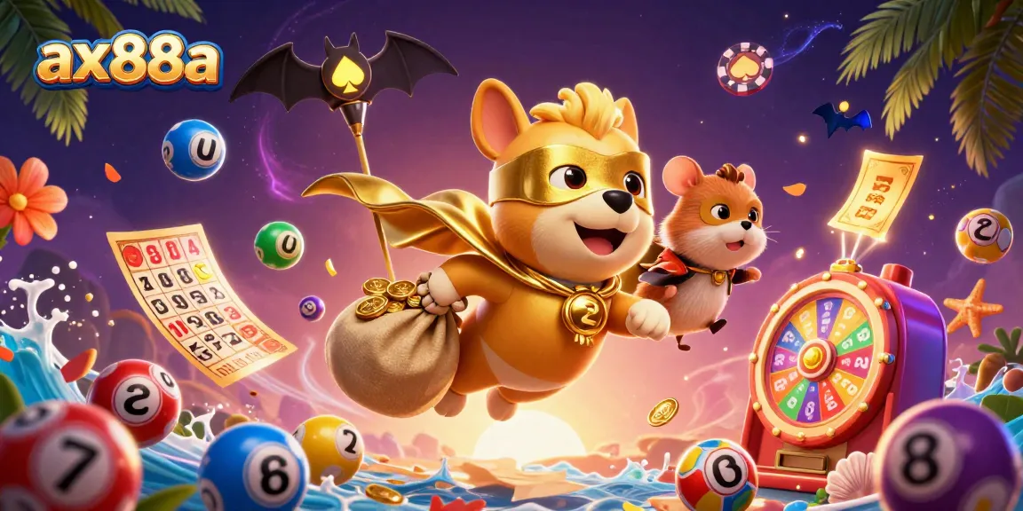 Win big at ax88a with this vibrant illustration of a superhero dog and friends in a thrilling casino scene.