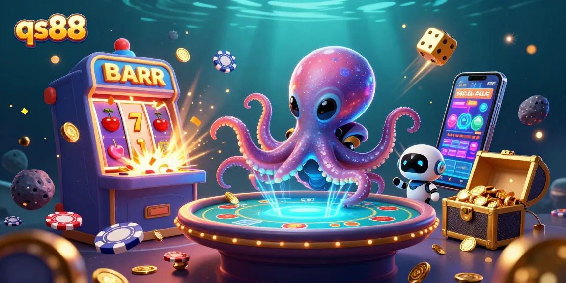 Engage with qs88's thrilling casino adventure featuring a 3D alien octopus at a poker table.