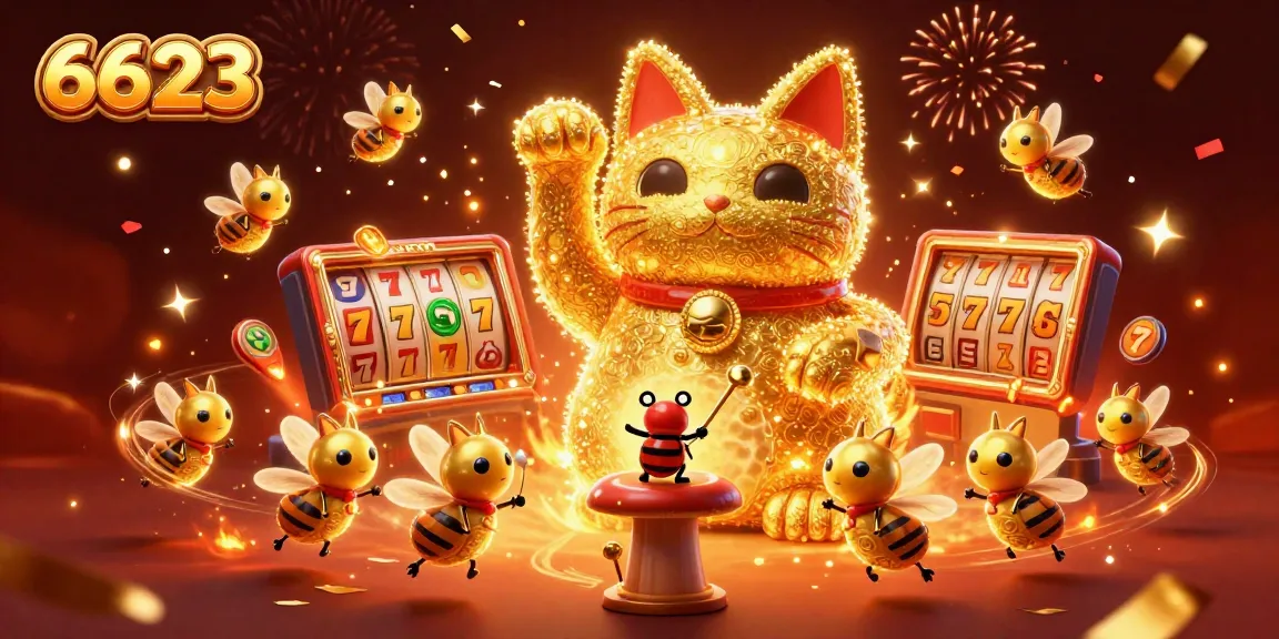 Spin the winning reels with 6623, showcasing a festive lucky cat and jackpot symbols.