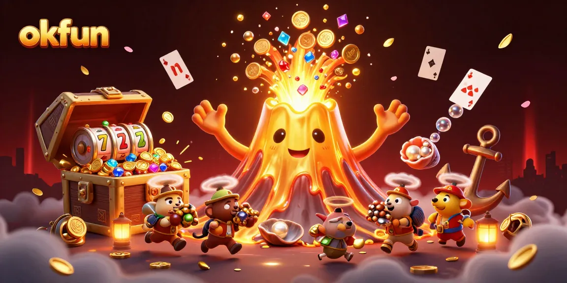 okfun's vibrant casino illustration featuring a golden volcano erupting with treasures amidst gaming excitement