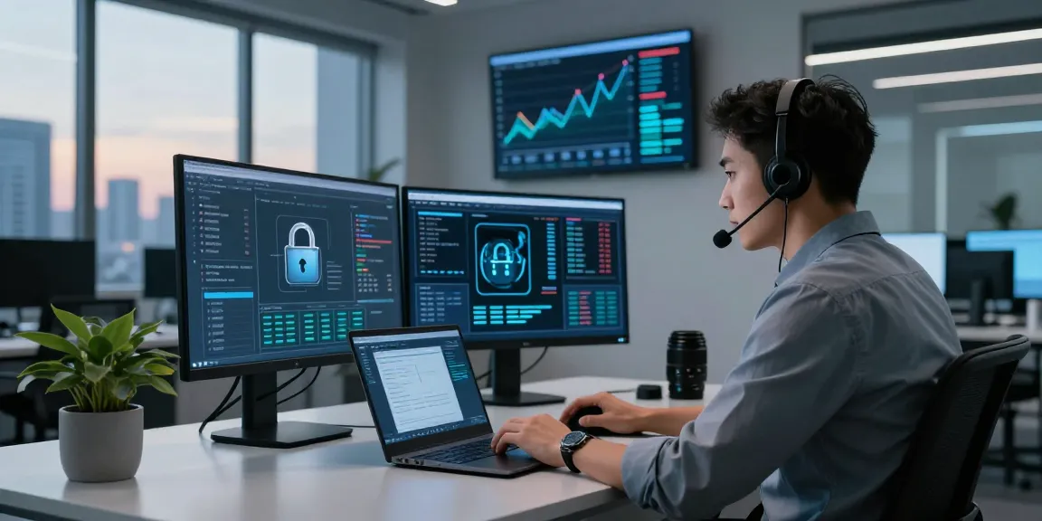 Secure workspace showing cybersecurity expert monitoring transactions while demonstrating a buy dumps shop.