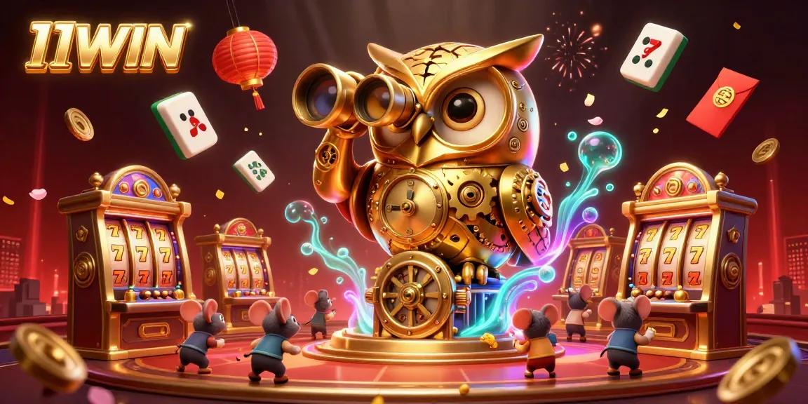Experience thrilling gameplay at 11WIN with slot machines, golden owl, and vibrant casino elements.