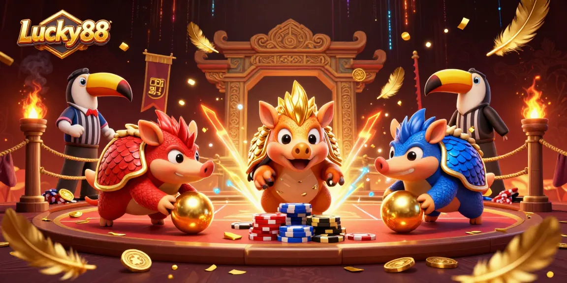 Lucky88 pangolins compete in a vibrant casino scene, bowling with poker chips.
