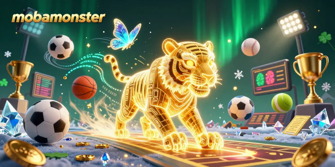 Experience thrilling gaming with mobamonster as a neon golden tiger and vibrant sports elements enrich the scene.