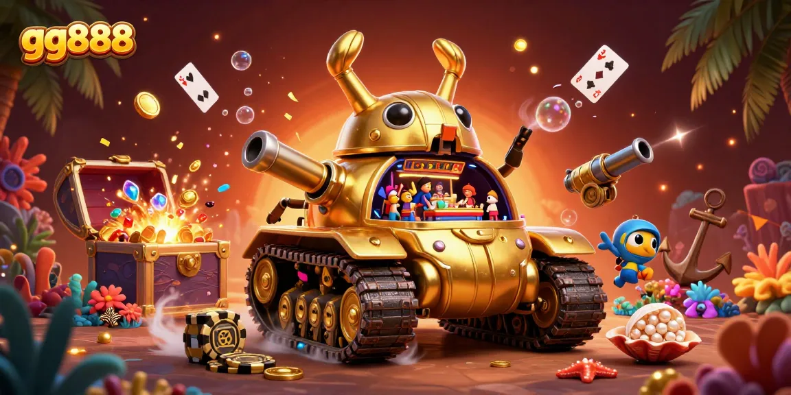 Win big at gg888 with vibrant 3D casino artwork featuring a golden beetle tank and treasures.