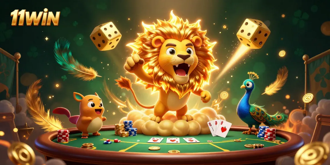 Play with 11WIN's vibrant poker scene featuring a roaring sun lion and golden dice for thrilling action