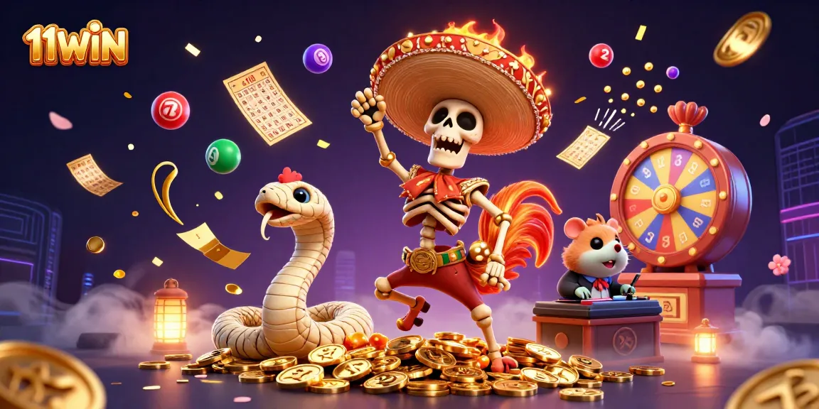 Experience the thrill of 11WIN with vibrant lottery elements and animated characters celebrating wins!