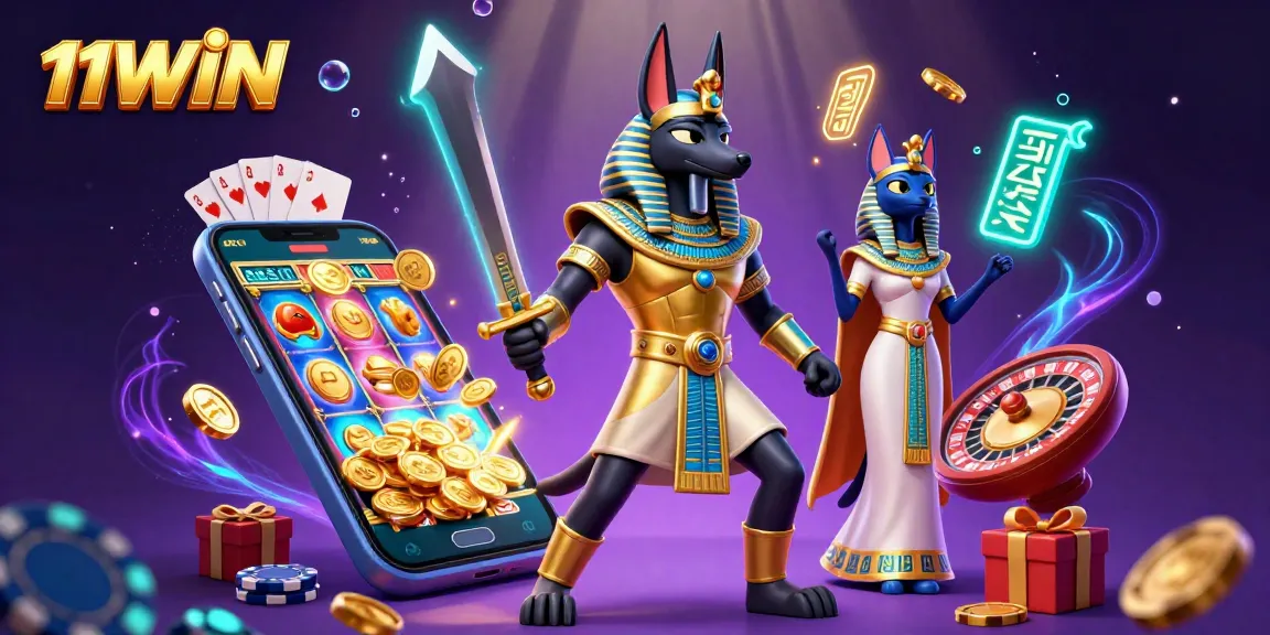 Experience thrilling slot action at 11WIN with an energetic scene showcasing Anubis and Bastet.
