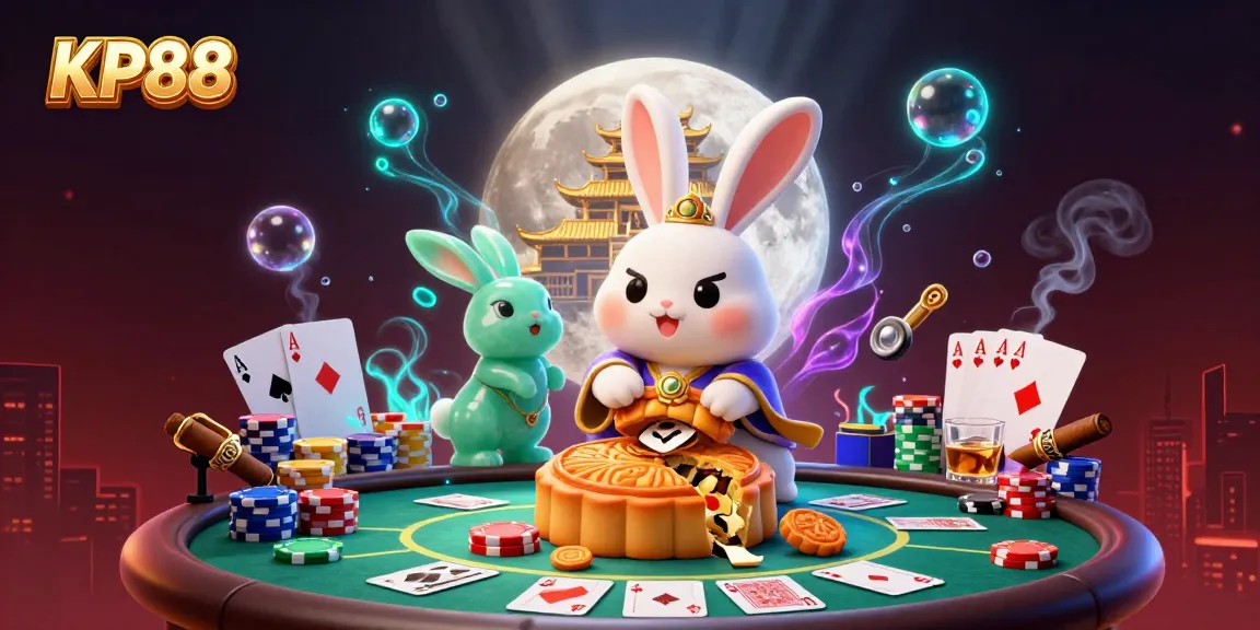 KP88 showcases a vibrant scene featuring a moon rabbit, poker elements, and a rich gambling background.