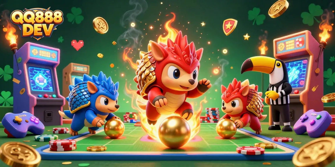 Engage in gaming excitement with QQ888 DEV as rival pangolins roll golden balls and bowl through poker chips.