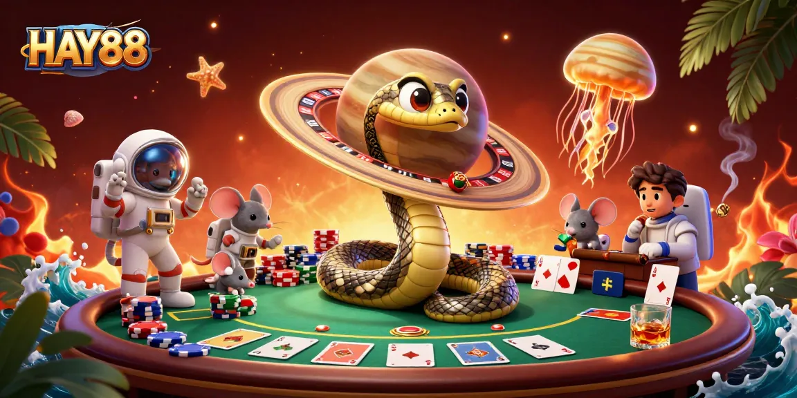 Experience HAY88's thrilling gaming world with vibrant characters engaged in cosmic bets at the roulette wheel.