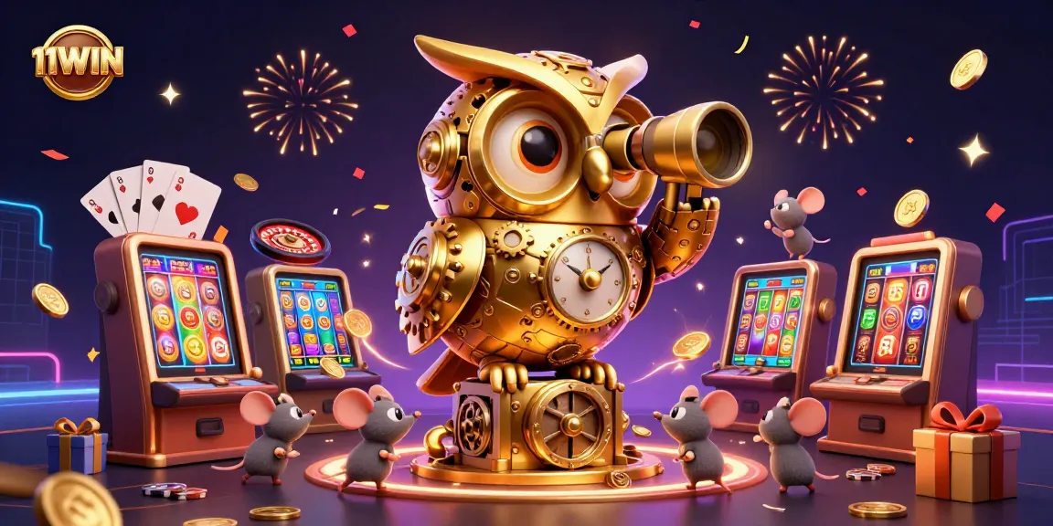 Engage with the lively casino scene at 11WIN, featuring a golden owl and animated patrons enjoying games.