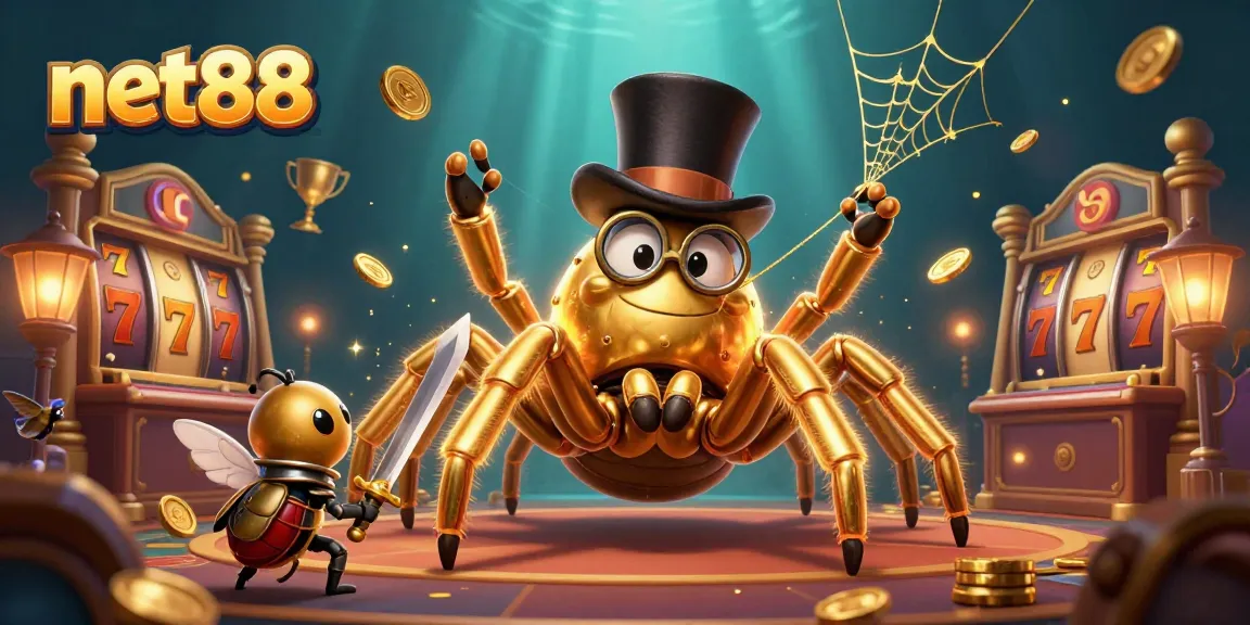 net88 showcases a giant golden tarantula weaving luck at slot reels filled with jackpots.